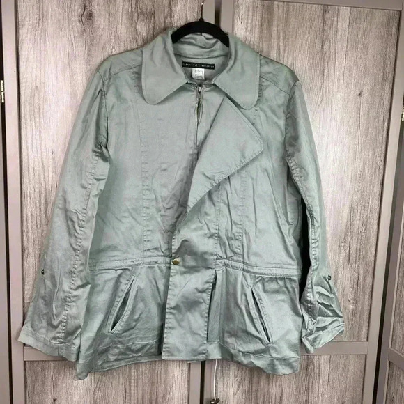 Peruvian Connection Jacket Sz L Wind Sage Green Cotton Spring Stains - Picture 1 of 12